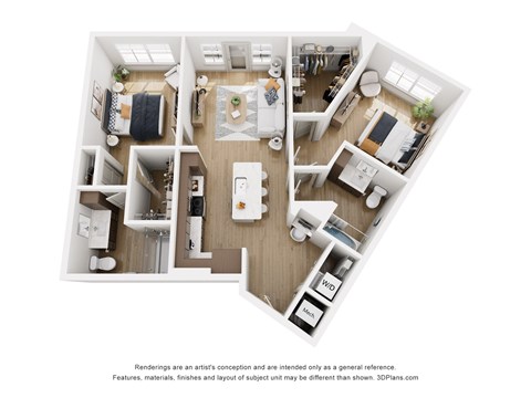 Floor plan for 2 beds, 2 baths, 1196 sqft